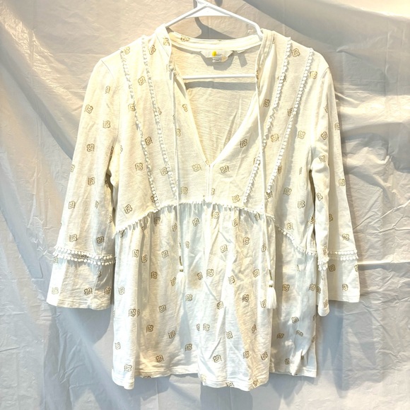 Boden Gemma top Ivory gold Petal foil tie neck slub tee Sz 10 R. NWOT - Picture 11 of 11
